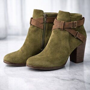 Gianni Bini Olive Suede Leather Ankle Boots 9.5M Brown Buckle Strap Block Heel